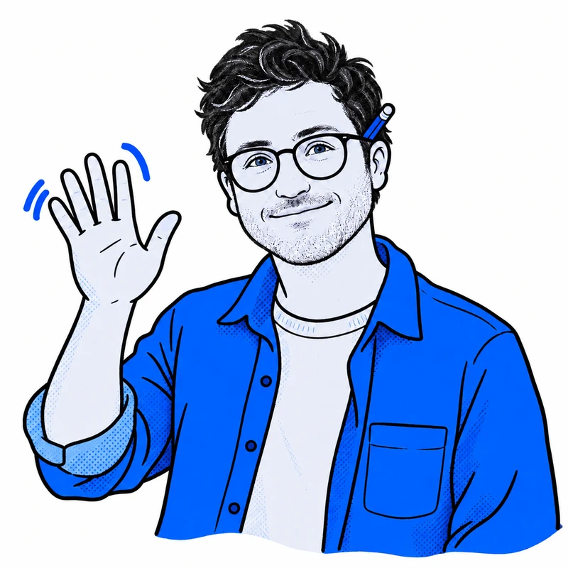 An illustrated Patrick waving hello, with glasses and a pencil behind his ear.