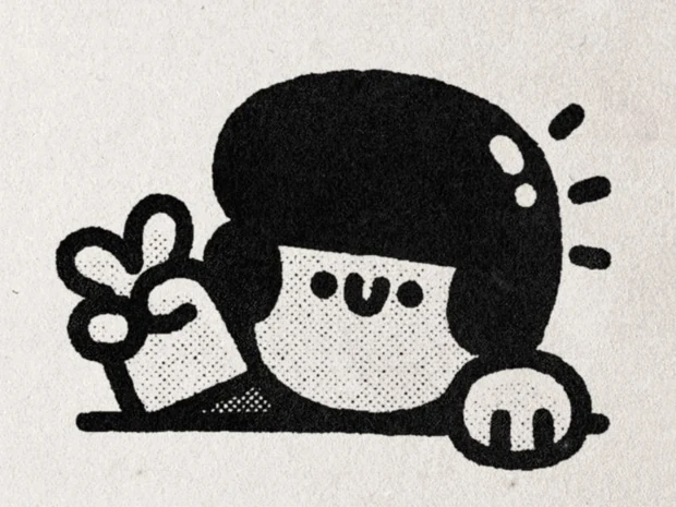 A black-ink character peeking over an edge