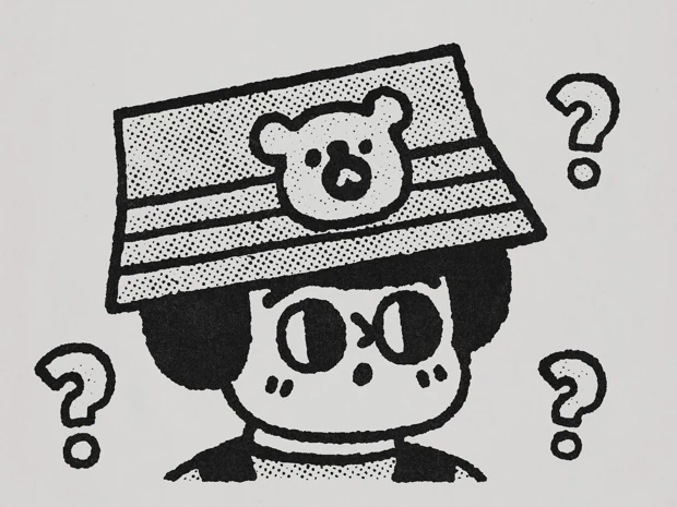 A halftone character wearing a bucket hat