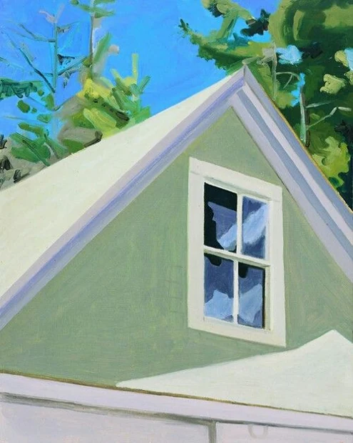 A painting of a pale green house beneath a blue sky