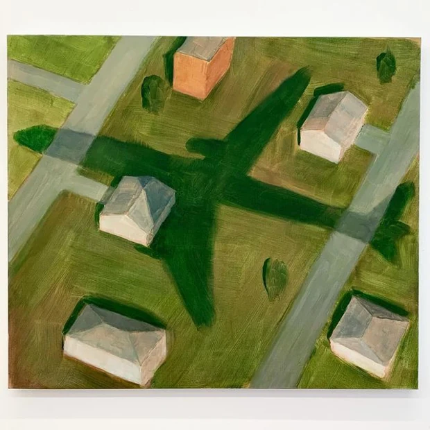 A painting of houses seen from above