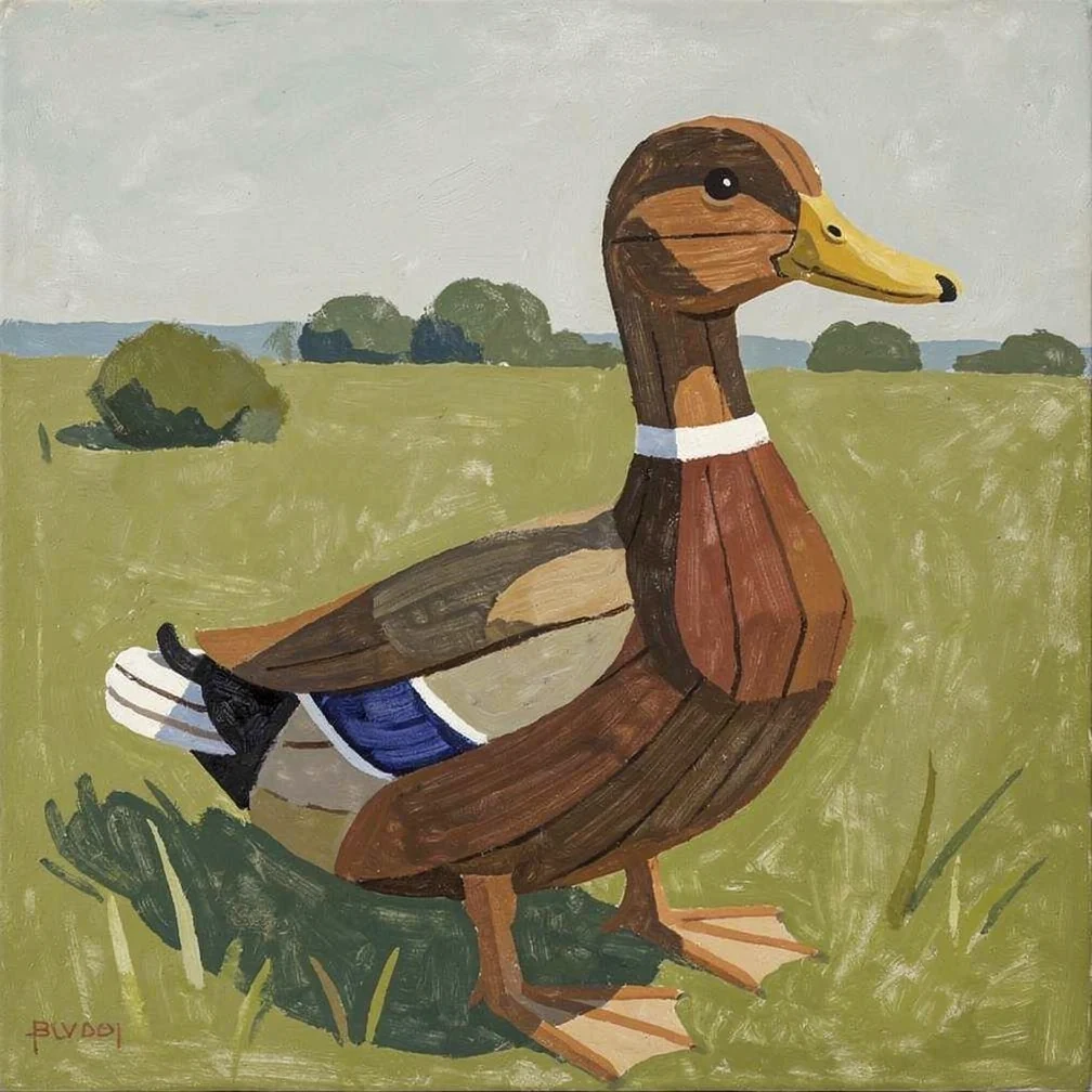 Generated painting of a wooden duck in a green field