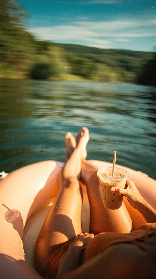 Generated photograph of a person floating down a river with an iced drink