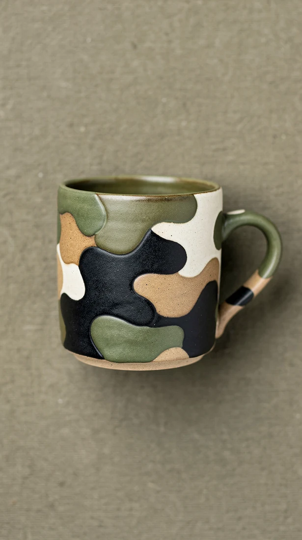 Generated product photograph of a camouflage ceramic mug