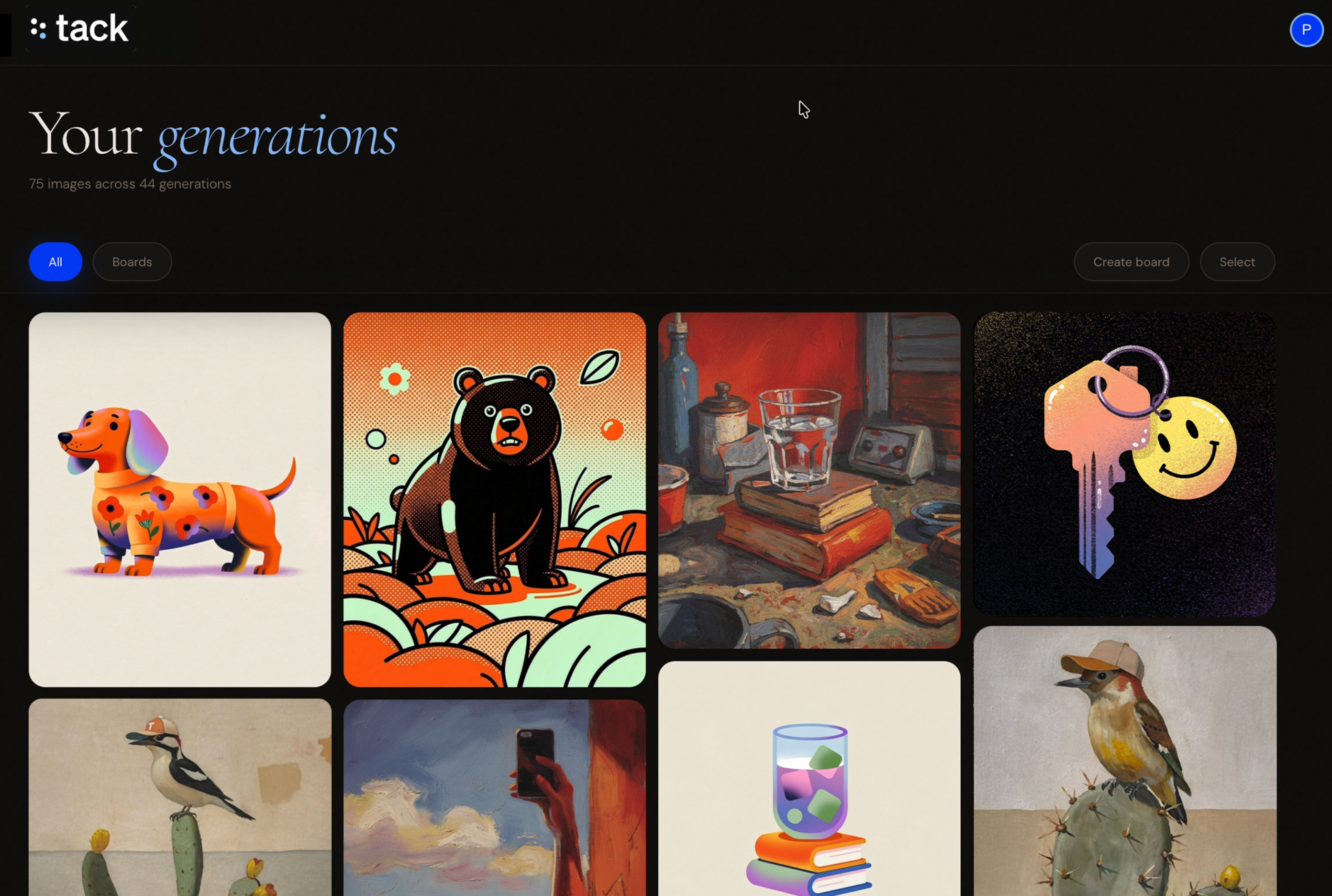 tack generations library showing saved images and boards