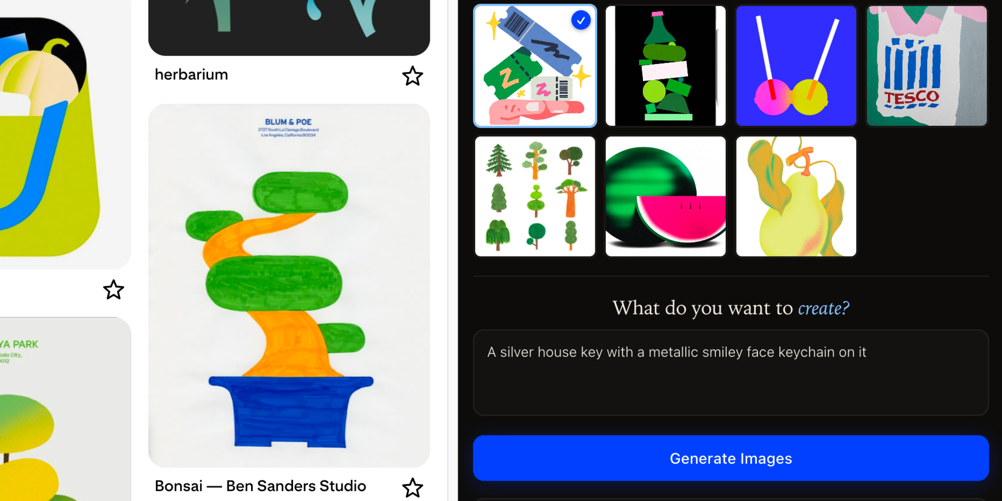 tack showing selected references and a prompt ready to generate images