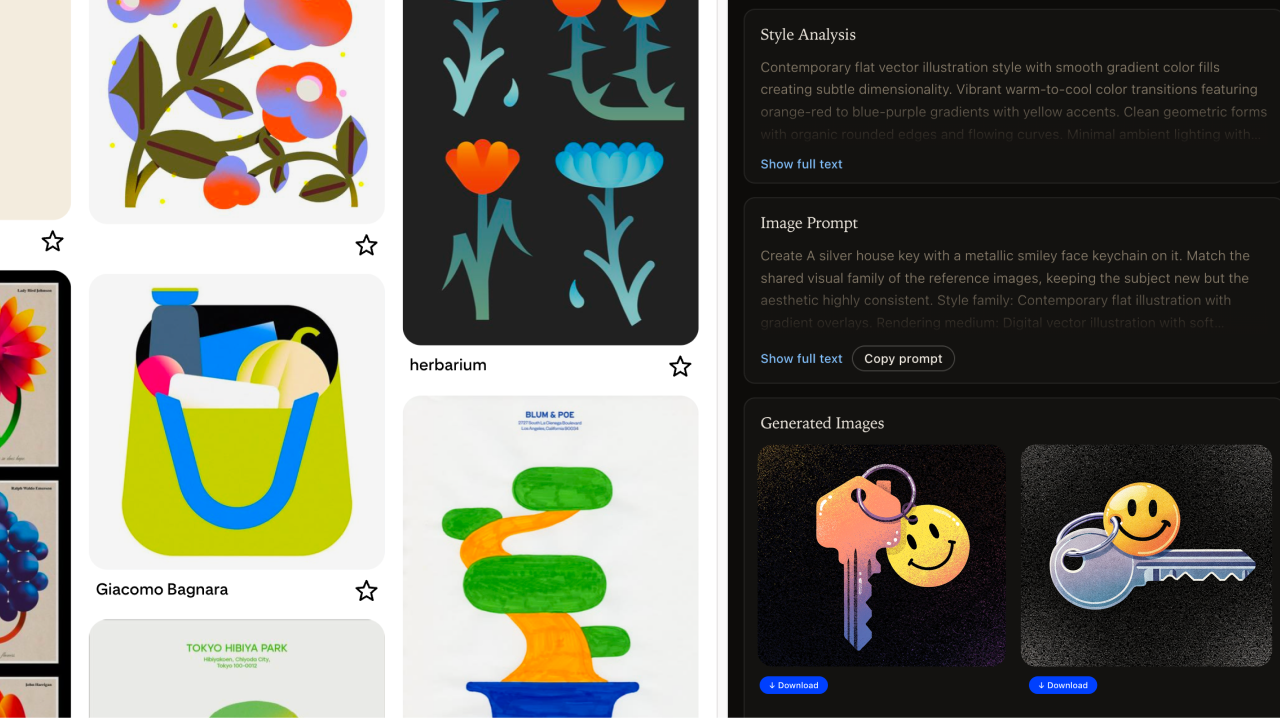 tack showing style analysis, image prompt, and generated results ready to download