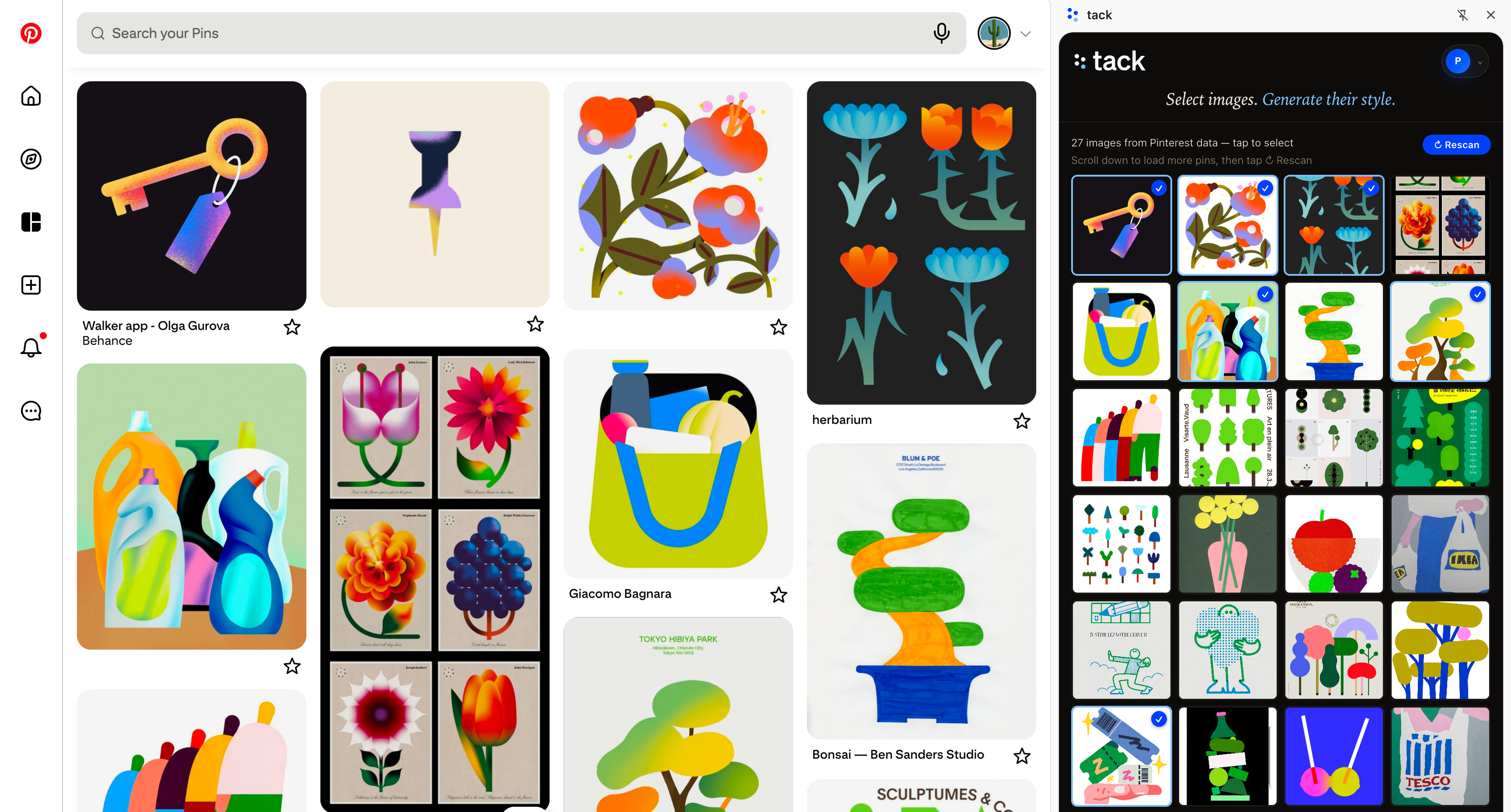 A Pinterest-style board beside the tack side panel with selected reference images